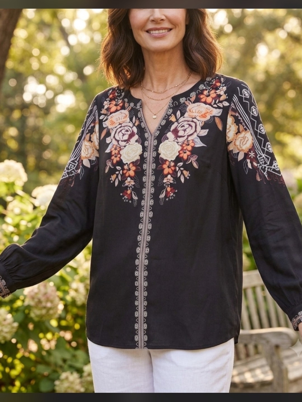 Boho Floral Embroidered Blouse with Elegant Details – Black & Multi-Color